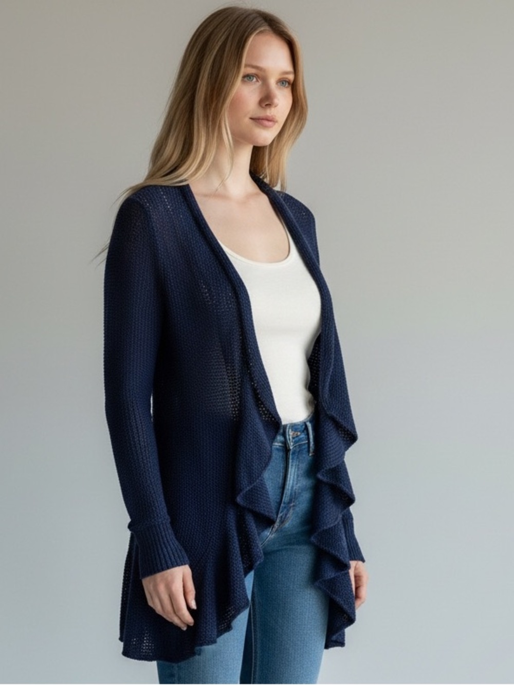 Free People | Navy Crochet Ruffle Front Cardigan S